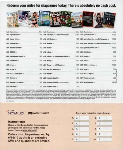 Airlines direct mail example: Delta SkyMiles itinerary package. Red-and-white airline package, loyalty or fare explanation, mileage detail tables, and multi-page response form.