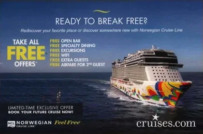 Cruise Lines direct mail example: Free-at-sea cruise offer package. Two-page cruise package, large free-benefit headline, ship photography, booking details, and phone or web response.