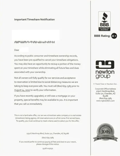 Timeshare direct mail example: Newton Group timeshare notice. Plain envelope, formal timeshare notification, trust or accreditation marks, and phone response.