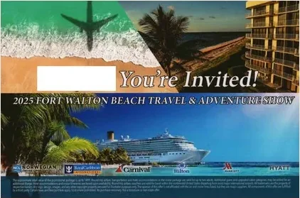 Cruise Lines direct mail example: Cruise travel-and-adventure invitation. Two-page cruise invitation, beach or ship photography, hotel partner logos, and RSVP response.