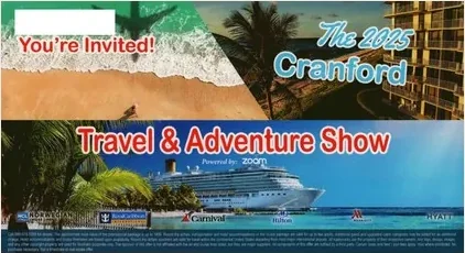 Cruise Lines direct mail example: Travel-and-adventure show cruise package. Two-page invitation with cruise-line logos, travel-show headline, destination photography, and phone RSVP response.