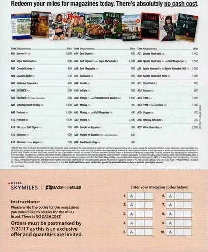 Airlines direct mail example: Delta SkyMiles reward comparison package. Airline envelope, loyalty statement, fare or reward comparison tables, and multi-page response form.