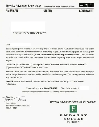 Travel events direct mail example: Travel-show partner letter. Formal event-partner letter, hotel or venue branding, event details, and phone response.