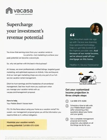 Vacation rentals direct mail example: Vacation-rental owner outreach package. Property-management envelope, investment or revenue message, illustrated support letter, and consultation response.