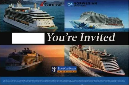 Cruise Lines direct mail example: Multi-cruise hotel invitation variant. Two-page cruise invitation, multi-line ship photography, hotel partner panel, and phone RSVP response.