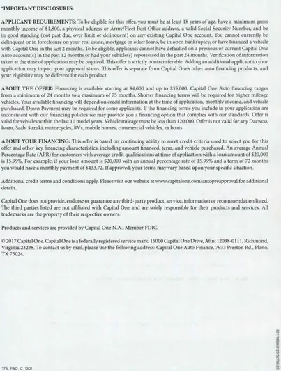 Vehicle Financing direct mail example: Capital One auto-financing approval letter. Plain envelope, auto-financing approval letter, vehicle or lender details, and dense terms insert.