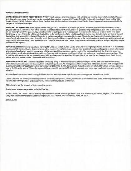 Vehicle Financing direct mail example: Capital One pre-approved financing variant. Plain envelope, pre-approved financing letter, vehicle details, lender panel, and dense terms page.