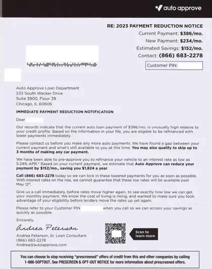 Vehicle Financing direct mail example: Auto-approval letter package. Plain envelope, auto-approval letter, payment or vehicle details, QR response, and terms insert.