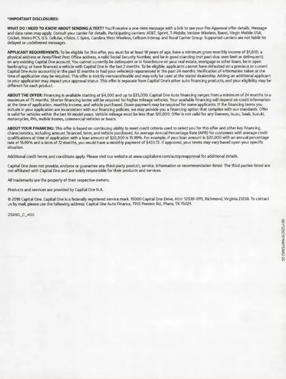 Vehicle Financing direct mail example: Capital One family-car financing package. Plain envelope, family-car image, auto-financing letter, vehicle details, and terms page.