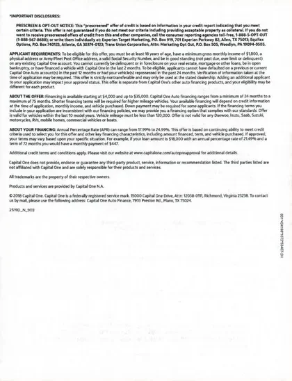 Vehicle Financing direct mail example: Capital One vehicle-benefit approval package. Plain envelope, pre-approved offer letter, vehicle benefit panel, lender details, and terms insert.
