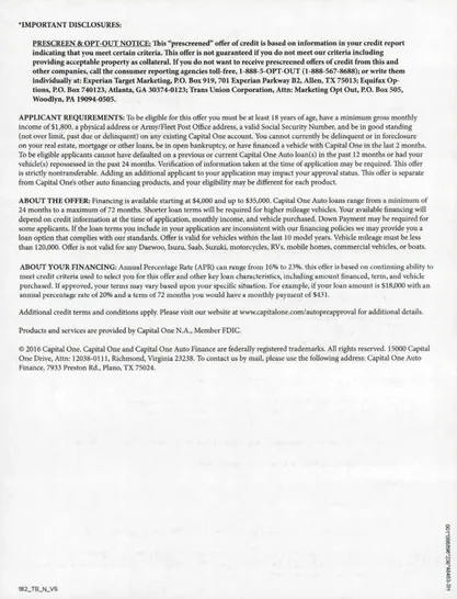 Vehicle Financing direct mail example: Capital One make-specific financing letter. Plain envelope, make-specific auto-financing letter, approval details, vehicle image, and terms page.