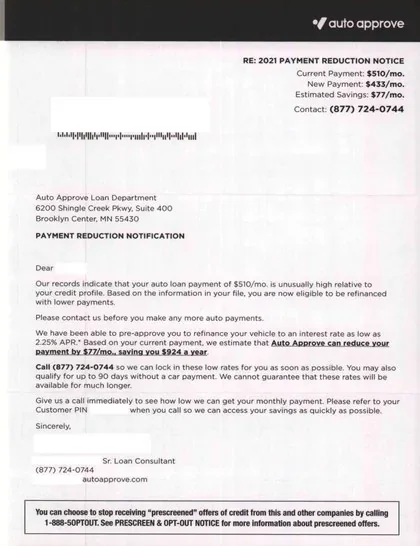 Vehicle Financing direct mail example: Auto Approve vehicle-refinancing package. Plain envelope, refinancing offer, payment details, QR response, and dense terms insert.