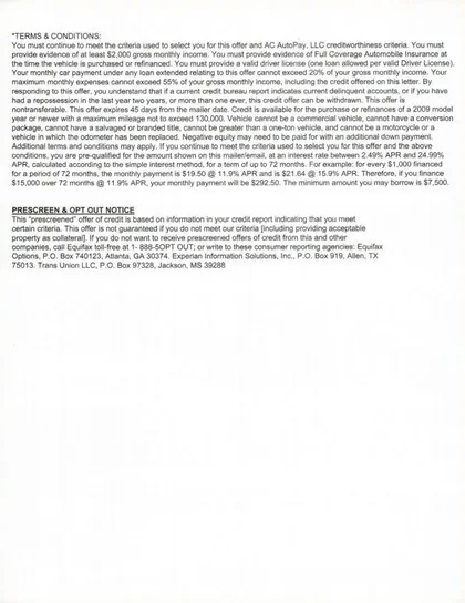 Vehicle Financing direct mail example: Autopay vehicle-refinancing package. Plain envelope, refinancing letter, QR response, payment comparison, and terms insert.
