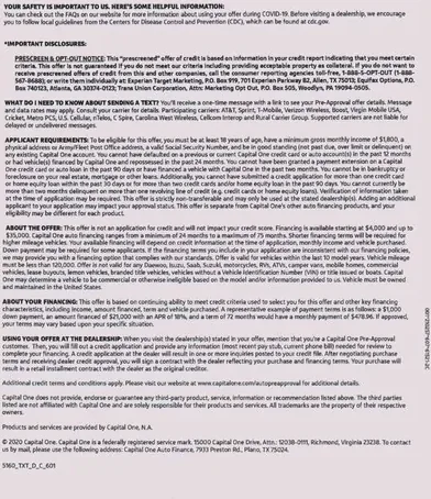 Vehicle Financing direct mail example: Capital One pre-approved auto-financing letter. Plain envelope, pre-approved auto-financing message, payment details, vehicle proof, and terms page.