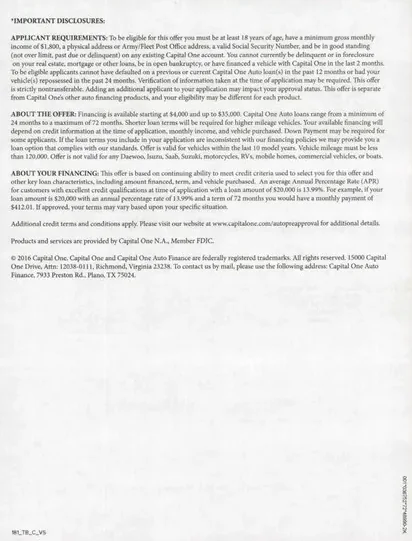Vehicle Financing direct mail example: Capital One multi-page auto-financing package. Plain envelope, auto-financing letter, vehicle or payment details, lender panel, and dense terms insert.