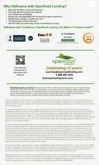 Vehicle Financing direct mail example: Orange vehicle-refinancing package. Orange envelope, vehicle-refinancing message, partner offer panel, QR response, and terms insert.