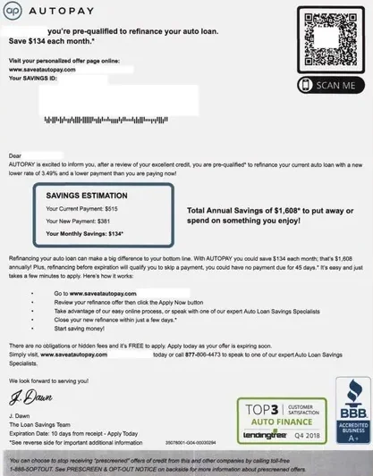 Vehicle Financing direct mail example: Vehicle-refinancing QR package. Plain envelope, refinancing notice, QR response panel, payment details, and dense terms insert.