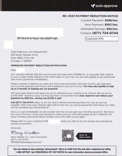 Vehicle Financing direct mail example: Auto-approval notice with QR response. Plain envelope, dark approval notice, vehicle or payment details, QR response, and terms page.