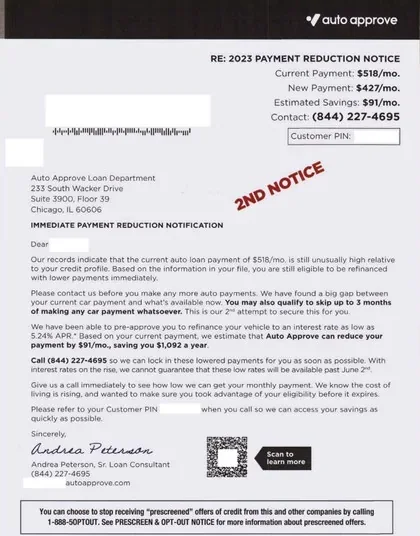 Vehicle Financing direct mail example: Vehicle-financing notice package. Plain envelope, auto-financing notice, payment summary, response QR code, and dense terms insert.