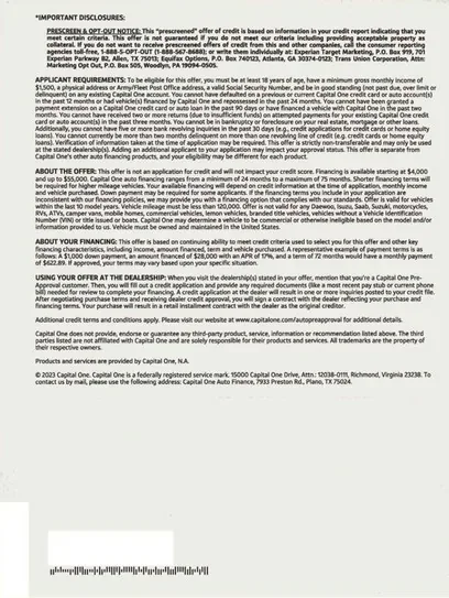 Vehicle Financing direct mail example: Colorful pre-approved auto-financing package. Plain envelope, colorful pre-approved offer panel, vehicle details, QR response, and terms letter.