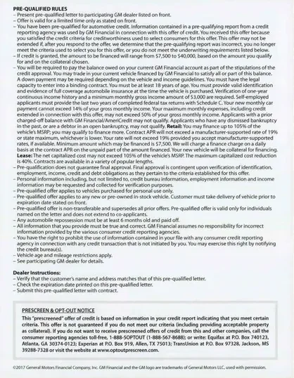 Vehicle Financing direct mail example: GM Financial pre-qualified package. Plain envelope, pre-qualified financing letter, lender benefits, vehicle details, and terms insert.