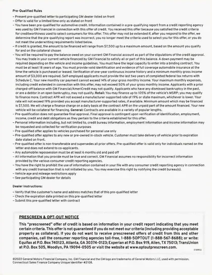Vehicle Financing direct mail example: Vehicle-financing amount-table package. Plain envelope, financing offer letter, amount or payment table, response QR code, and dense terms page.