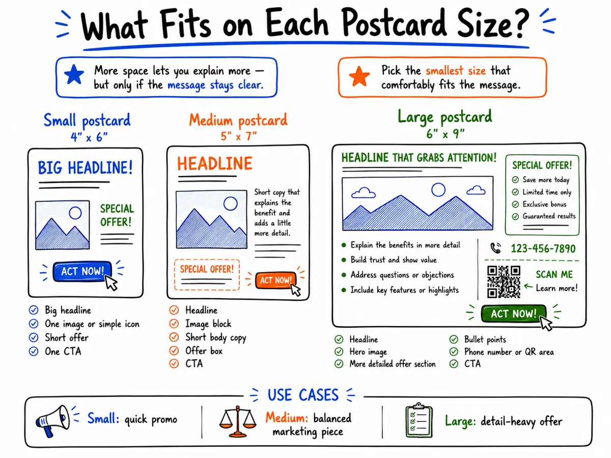 Whiteboard comparison of small, medium, and large postcards showing how headline, image, offer, proof points, QR code, and CTA space change by size.