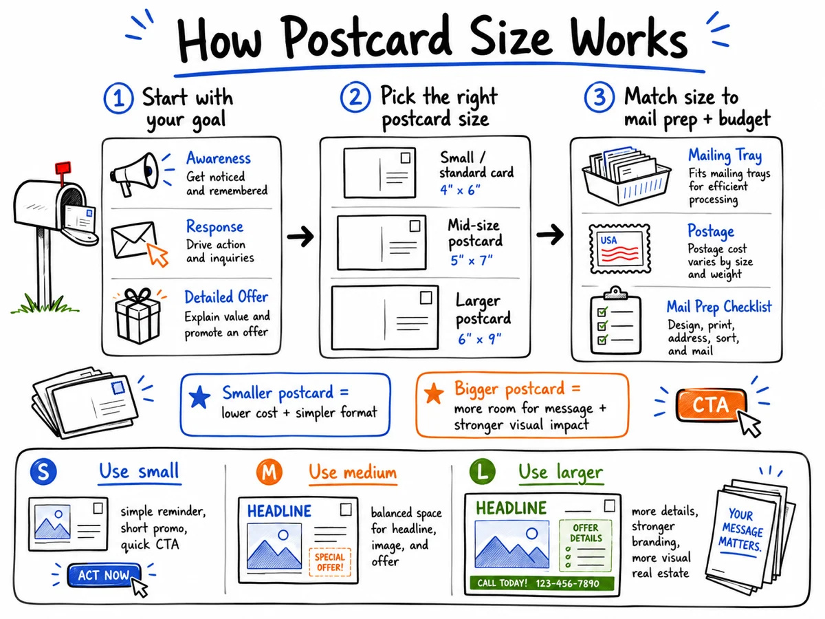 Whiteboard explainer showing a three-step flow for choosing a direct-mail postcard size: start with the campaign goal, choose a postcard size, and match it to mail preparation and budget.