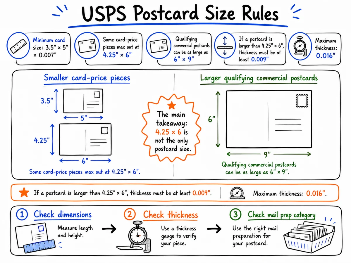 Whiteboard explainer comparing USPS postcard size rules, including smaller card-price pieces, larger qualifying commercial postcards, thickness checks, and mail preparation category.