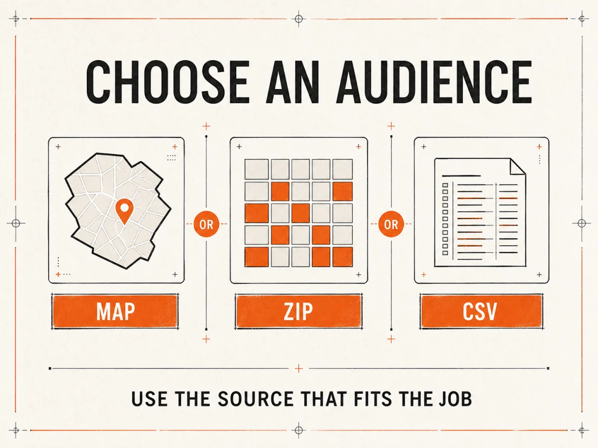 Sendvo audience guide showing map, ZIP, and CSV options for choosing postcard recipients