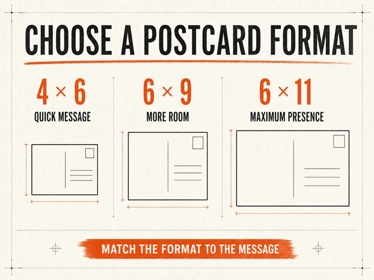 Sendvo postcard format guide comparing 4 by 6, 6 by 9, and 6 by 11 postcard sizes