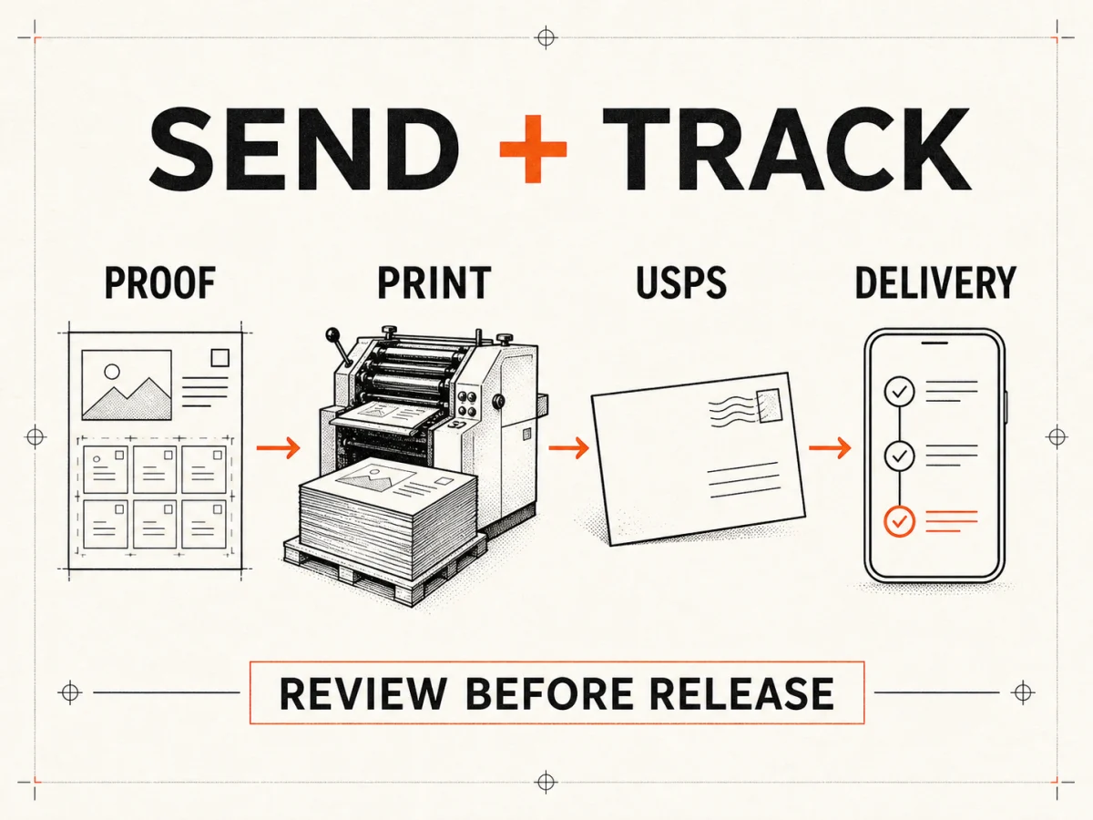 Sendvo visual workflow showing proof review, print production, USPS mailing, and delivery tracking